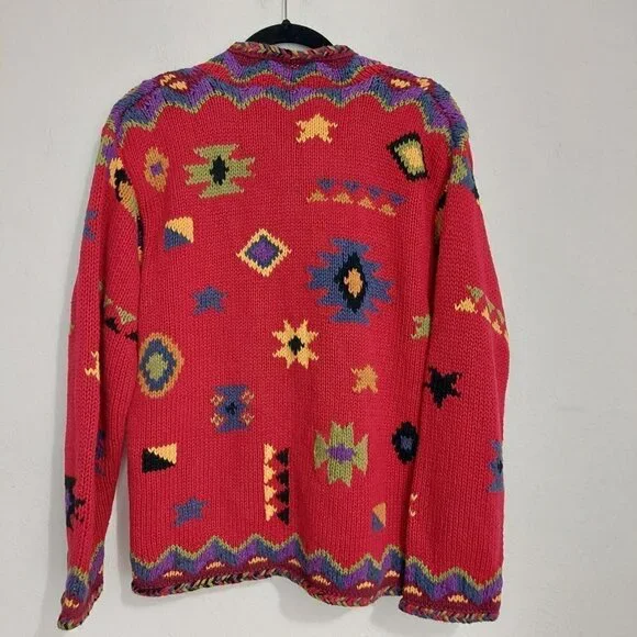 Coldwater Creek Red Southwest Aztec  Geometric Button Down Sweater Jacket Size L - Picture 6 of 9